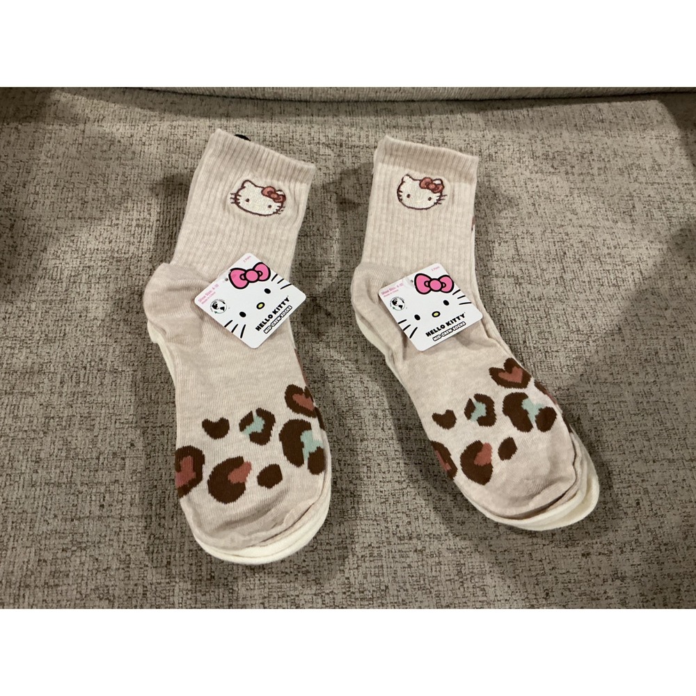 Hello Kitty Sanrio Mid-Crew Socks 2 Pair Pk Tan White Leopard‎ Print Womens 4-10